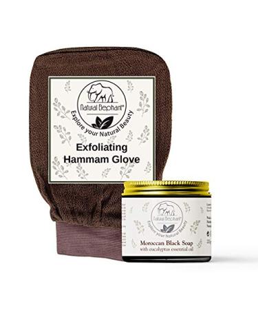 Natural Elephant Moroccan Black Soap 200g (7oz) and Exfoliating Hammam Glove Combo (Chocolate Brown)