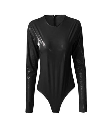 Genetic women metallic body without arm top shirt high cut stringbody wetlook one-piece costume leather look leotard jersey bodies body ladies long arm black cotton black-a