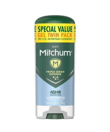 Men's Deodorant by Mitchum, Antiperspirant, Triple Odor Defense Gel Stick, 48 Hr Protection, Dermatologist Tested, Alcohol Free, Unscented, 3.4 Oz (Pack of 2) Unscented 3.4 Ounce (Pack of 2)