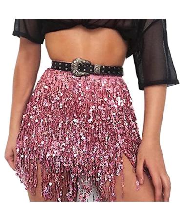 TWINKLEDE Boho Fringe Skirt Sequin Tassel Belly Dance Hip Scarf Rave Party Skirts Belts for Women and Girls D Pink