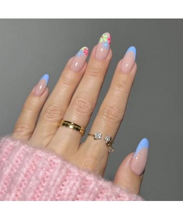 Sethexy flower almond false nails spring French nails to stick on 24pcs acrylic art press on nails for women and girls blue flower