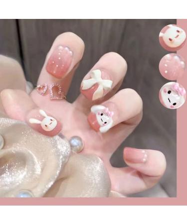 Cute Bunny Press on Nails for Women Kid Short Easter Fake Nail Cute Rabbit Fake Nails with Glue Short Full Cover False Nail Tips Stick on Nails Lovely Gift Girls Nail Art Decoration -Pink - Buy Online on GoSupps.com