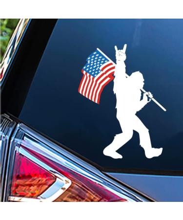 WSQ Sasquatch Bigfoot Rock On American Flag Vinyl Decal Sticker Premium Quality Vinyl Size 5-inch for Car Bumper Truck Van SUV Window Wall Boat Cup Tumblers Laptop or Any Smooth Surface