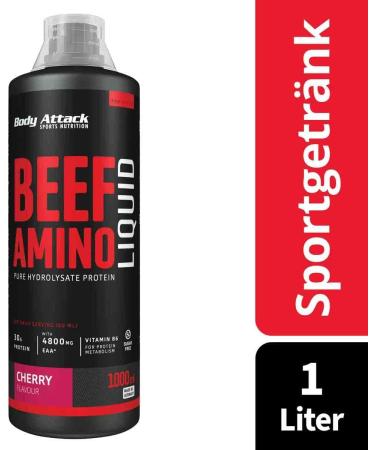 Body Attack Beef Amino Cherry 1000ml - Liquid Protein Source with 30g Protein 4800mg EAA & 2100mg BCAA - Made in Germany - Fruity & Delicious - Buy Online on GoSupps.com