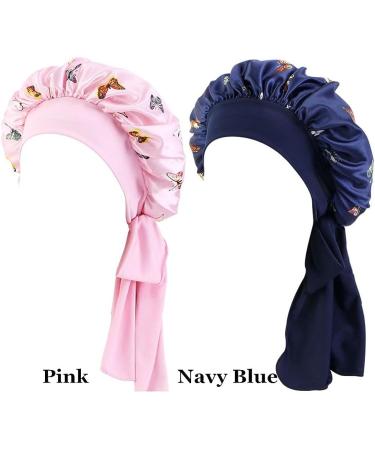 2Pcs Satin Sleeping Bonnet for Women - Adjustable Butterfly Satin Sleep Cap Set in Pink and Navy Blue - Buy Online on GoSupps.com