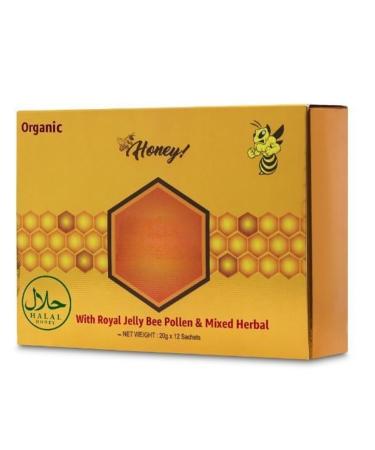 Large 24 Pack Natural Honey Infused with Natural Jelly Local Bee Pollen from Ginseng Blossoms & Herbs - Full Box of 20G Honey Sachets 