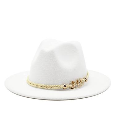 Gossifan Lady Fashion Wide Brim Felt Fedora Panama Hat with Ring Belt White