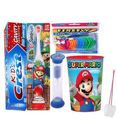 Super Mario Brothers 4pcs Bright Smile Oral Hygiene Bundle! Turbo Spinbrush Powered Toothbrush, Toothpaste, Brushing Timer & Mouthwash Rinse Cup! Plus Flossers & Tooth Saver Necklace!