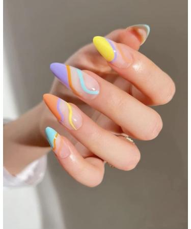 Sethexy Abstract Almond Shape False Nails - 24pcs Multicolored French Press On Acrylic Nails for Women & Girls - Buy Online on GoSupps.com