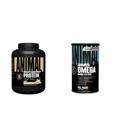 Animal Whey Isolate Protein Powder with Digestive Enzymes Omega Essential Fatty Acid Supplement with 10 Omega Sources - Vanilla Whey Protein & Fish Flaxseed & Salmon Oils