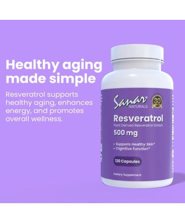 Sanar Naturals Resveratrol Supplement 500 mg Supports Healthy Aging Cognitive Function and Heart Health - Plant Based Trans Resveratrol - Vegan Non-GMO 120 Capsules - Buy Online on GoSupps.com
