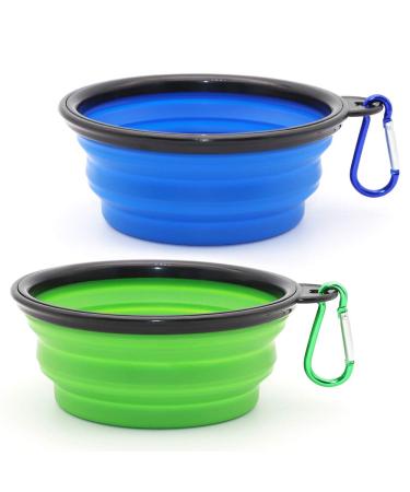 Dog Bowl Pet Collapsible Bowls, 2 Pack Collapsible Dog Water Bowls for Cats Dogs, Portable Pet Feeding Watering Dish for Walking Parking Traveling with 2 Carabiners Small Blue+Green