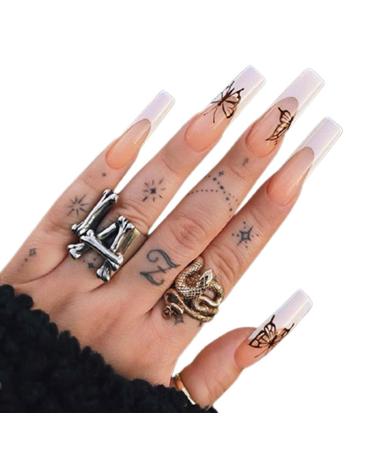 Press on Nails 3 Sets French Butterfly Artificail Nails Long Press-on Nails Fake Nail Ballerina for Women Girls (Color : Butterfly) (Color : Butterfly) (Butterfly)