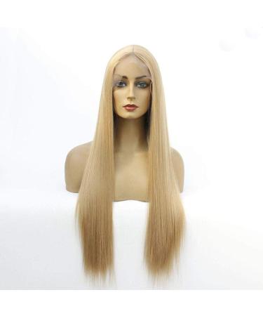 Hairpieces Silky Long Straight Hair Lace Front Wig Natural Gold Heat Resistant Fiber Synthetic Hair with middle Paring for Ladies Daily Halloween Party 14in in