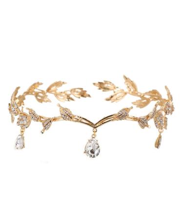 Hand-Woven Veil Accessories Headband Rhinestone Leaf Headband Golden Wedding Head Chain With Teardrop Crystal Leaf Hair Vine