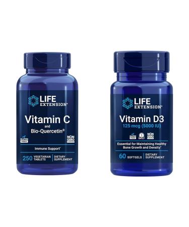 Life Extension Vitamin C & Quercetin Plus Vitamin D3 5000 IU - 250 Tablets Vitamin C Immune Support Plus 60 Vitamin D3 Softgels for Bone Brain & Immune Health