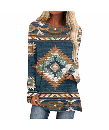 Womens Boho Mexican T-Shirts Western Aztec Bohemian Tunic Tops Casual Long Sleeve Round Neck Tee Shirt Blouses Blue-1 Large