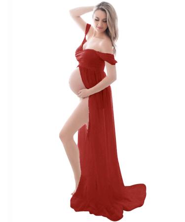 FEOYA Maxi Maternity Dress Chiffon Lace Strapless Gown Split Front for Pregnant Women Photography Full Length Red S