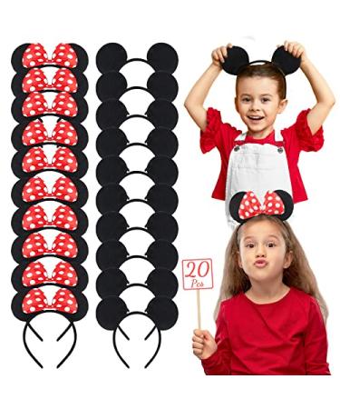 Lucky Will Fashion Mouse Ears Headband Bow Hair Band 20pcs for Adults and Children(Solid Black & Red Bow)