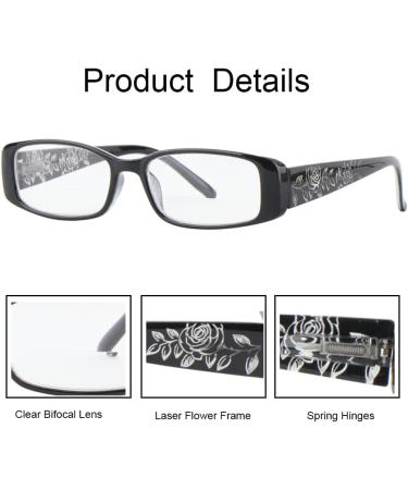 Buy 2 Pairs Rectangular Bifocal Reading Glasses for Women Designer Laser Flower Frame with Spring Hinge | Black & Brown 2.0x - Buy Online on GoSupps.com