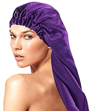 Women 2 Pack Long Satin Hair Bonnet - Black+Purple Satin Sleep Cap for Long Curly Hair Protection - Buy Online on GoSupps.com