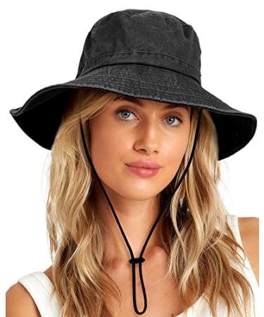 Wide Brim Bucket Sun Hat Packable Cotton Washed UPF 50 Beach Hat for Women Men with Strings Cowboy Outdoor Safari Boonie Cap Black One Size
