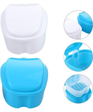 Exceart Travel Container Set - 2pcs Prosthesis Storage Box with Sieve & Net Holder for Dentures & Retainers - Ideal for Travel - Sky Blue & White - Buy Online on GoSupps.com