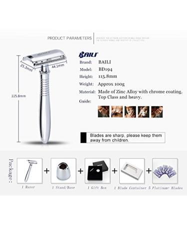 BAILI 3-Piece Double Edge Safety Razor | Long Handle Wet Shaving for Men & Women | 5 Platinum Blades & Stand - BD194 - Buy Online on GoSupps.com