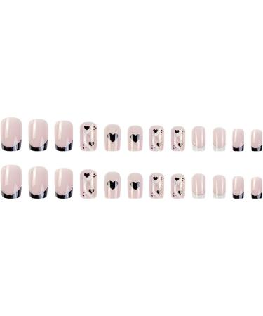 French Short Square Press On Nails with Nail Tips Silver glitter powder Black Love heart False Nails press on nails Acrylic False Nails Cute Artificial Nails for Women and Girls - Buy Online on GoSupps.com
