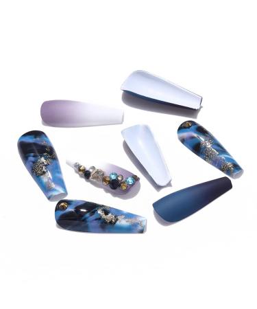 Brishow Coffin Artificial Nails - 24 Strass Press On Long Blue Marble Acrylic Ballerina Nails for Women & Girls - Buy Online on GoSupps.com