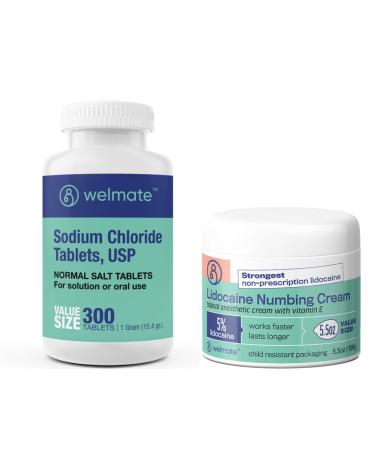 WELMATE Recovery Bundle: Sodium Chloride Tablets 300ct + 5% Lidocaine | Numbing Cream 5.5 Oz