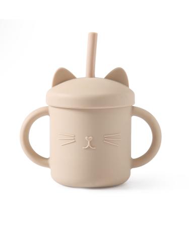 let's make Silicone Sippy Cup Baby Cat Training Cup with Straw for Infant & Toddler No Spill Trainer Cups with Two Hands Easy to Clean Beige Silicone Cup