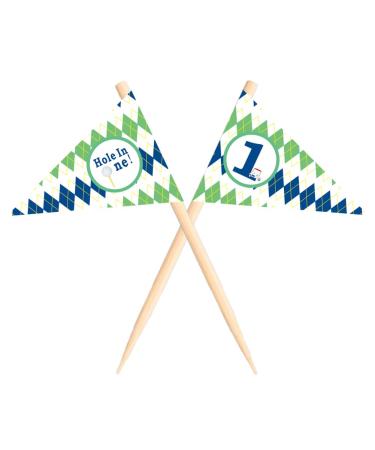 VOWFOO Golf Themed Toothpick Flags 20 PCS Hole In One 1st Birthday Golf Cocktail Picks Mini Stick Cupcake Toppers Flags for Baby 1st Birthday Party Food Bar Decorations (Plaid Pattern Hole In 1)