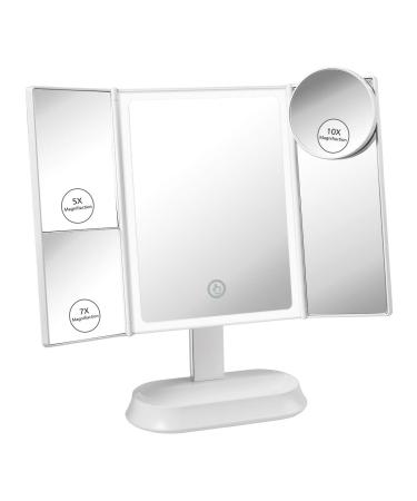 Glam Hobby Makeup Vanity Mirror with Lights  Trifold Mirror with Touch Screen Dimming - 1x 5X 7X Magnification  with Detachable 10X Magnification  Portable Cosmetic Lighted Makeup Mirror (White)