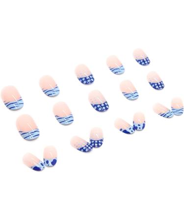 JUSTOTRY 24pcs Almond False Nails Short Blue French Press on Nails with Spot Pattern and Nail Glue - Wavy Oval Stick on Nails for Women - Buy Online on GoSupps.com