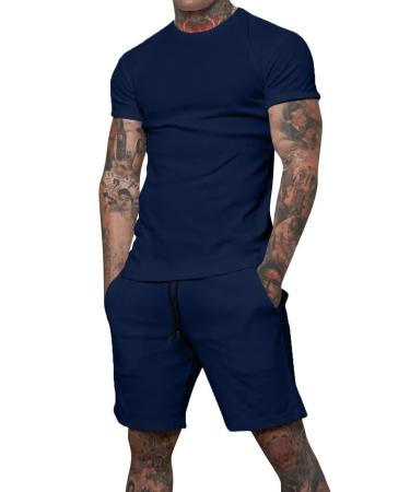 Uni Clau Mens Short Sets 2 Piece Outfits Fashion Summer Tracksuits Casual Shirt and Shorts Set Navyblue Medium