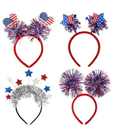 DIUEWOW 4PCS Patriotic Head Boppers Headband 4th of July Party Favors Star Love Heart Flashing Design Independence Day Hair Accessories Headwear for Veteran's Day and Memorial Day