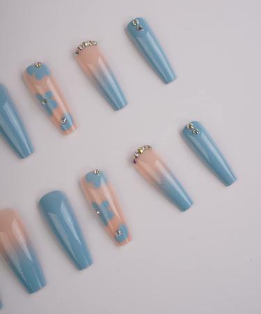 Xerling 24Pcs Blue Gradient Flower Long Coffin Press-On Nails with Rhinestones | Stylish Fake Nails for Women & Girls (Pattern G - Buy Online on GoSupps.com