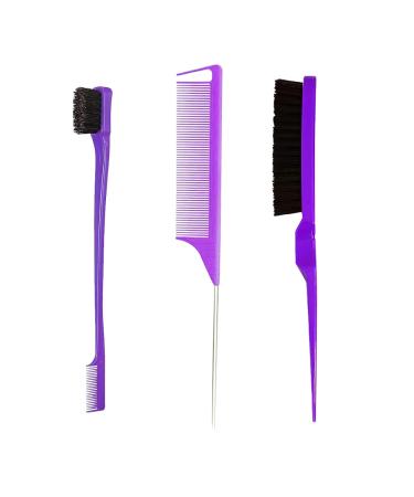 3 Pieces Hair Styling Comb Set Double Sided Edges Brush Teasing Hair Brush Rat Tail Comb Plastic Bristle Hair Brush Edge Control Brush for Home Hairdressers(Purple)