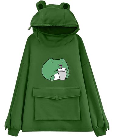Women's Cute Frog Fashion Hoodie Sweatshirt | Long Sleeve Cartoon Casual Hoodie | Green Pullover with Pockets | Small Size - Buy Online on GoSupps.com