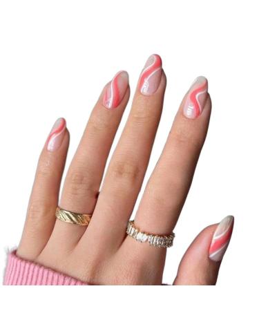 24 Pieces Oval Head Fake Nails Green Almond Faux Nails with Glue Full Coverage Nail Tip Press Nails (Color : 05)