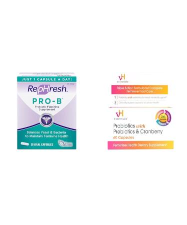 Rephresh Pro-B Probiotic Supplement for Women 30 Oral Capsules & vH Essentials Probiotics with Prebiotics and Cranberry Feminine Health Supplement - 60 Capsules