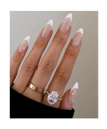 JUSTOTRY 24 Pcs Oval Pearls False Nails Short White French Press on Nails Pattern Funky Glossy Fake Nails Short with Nail Glue Almond Stick on Nails for Women Nails Fake Nail for Nails Art White&Pearls 1 - Buy Online on GoSupps.com