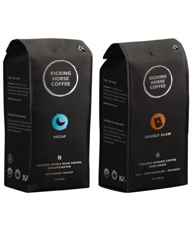 Kicking Horse Coffee Decaf Swiss Water Process Dark Roast Whole Bean 1 lb Fairtrade Kosher Coffee & Grizzly Claw Dark Roast Ground 284 g - Certified Organic Fairtrade Kosher Coffee