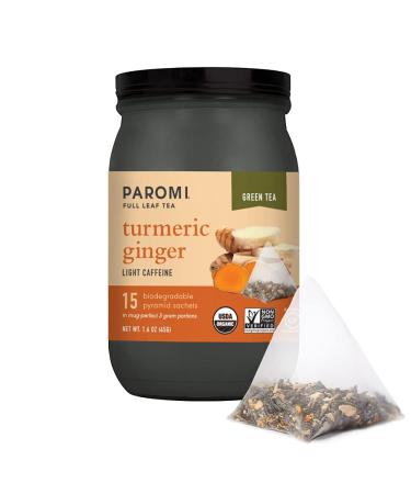 Paromi Tea Organic Turmeric Ginger Green Tea, 15 Pyramid Tea Bags - Non-GMO Turmeric Ginger 15 Count (Pack of 1)