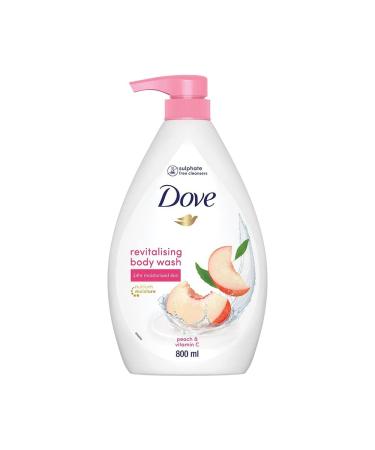 Do.ve Revitalizing Bodywash scented with peach and infused with Vtamin C to hydrate your skin 100% gentle cleansers paraben free/sulphate free cleansers 100% plant- based moisturisers 800ml