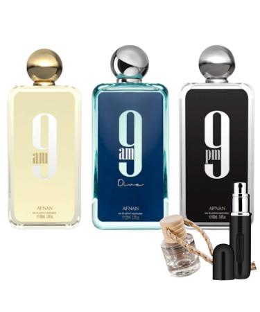 Bundle of Afnan 9AM 9PM and 9AM Dive Perfumes with 5ml Portable Refillable Atomizer and Refillable Car Freshener in a Satin Gift Bag