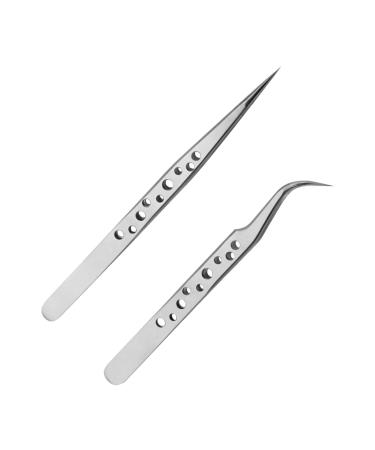 2 Pieces Pointed Tweezers Stainless Steel Lash Tweezers Straight and Curve Tip Precision Tweezers for Eyelash Eyebrow Facial or Chin Hair