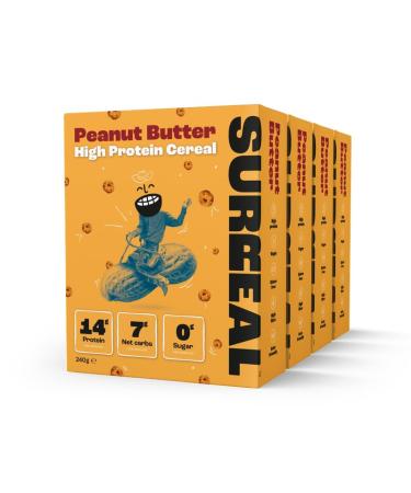 Surreal Peanut - High Protein Cereal - Low Sugar- Healthy Plant Based Cereal - High in Fibre - Low Carb - Gluten Free - Vegan - 13g of Protein 0g of Sugar - 240g per Box - 4 Pack (4 x Peanut) - Buy Online on GoSupps.com