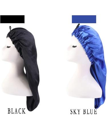 LadayPoa 2 Pcs Long Satin Sleep Cap for Women - Black+Blue | Silky Bonnet for Curly Hair Protection - Buy Online on GoSupps.com